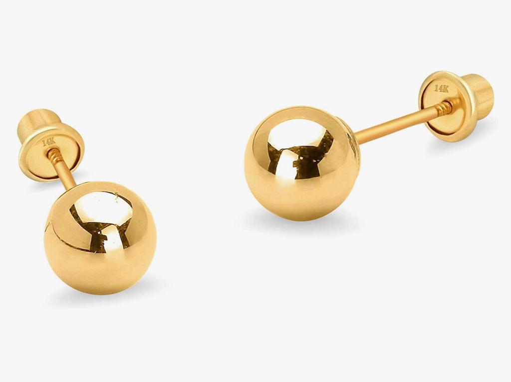 Gold ball stud earrings with secure screw-backs